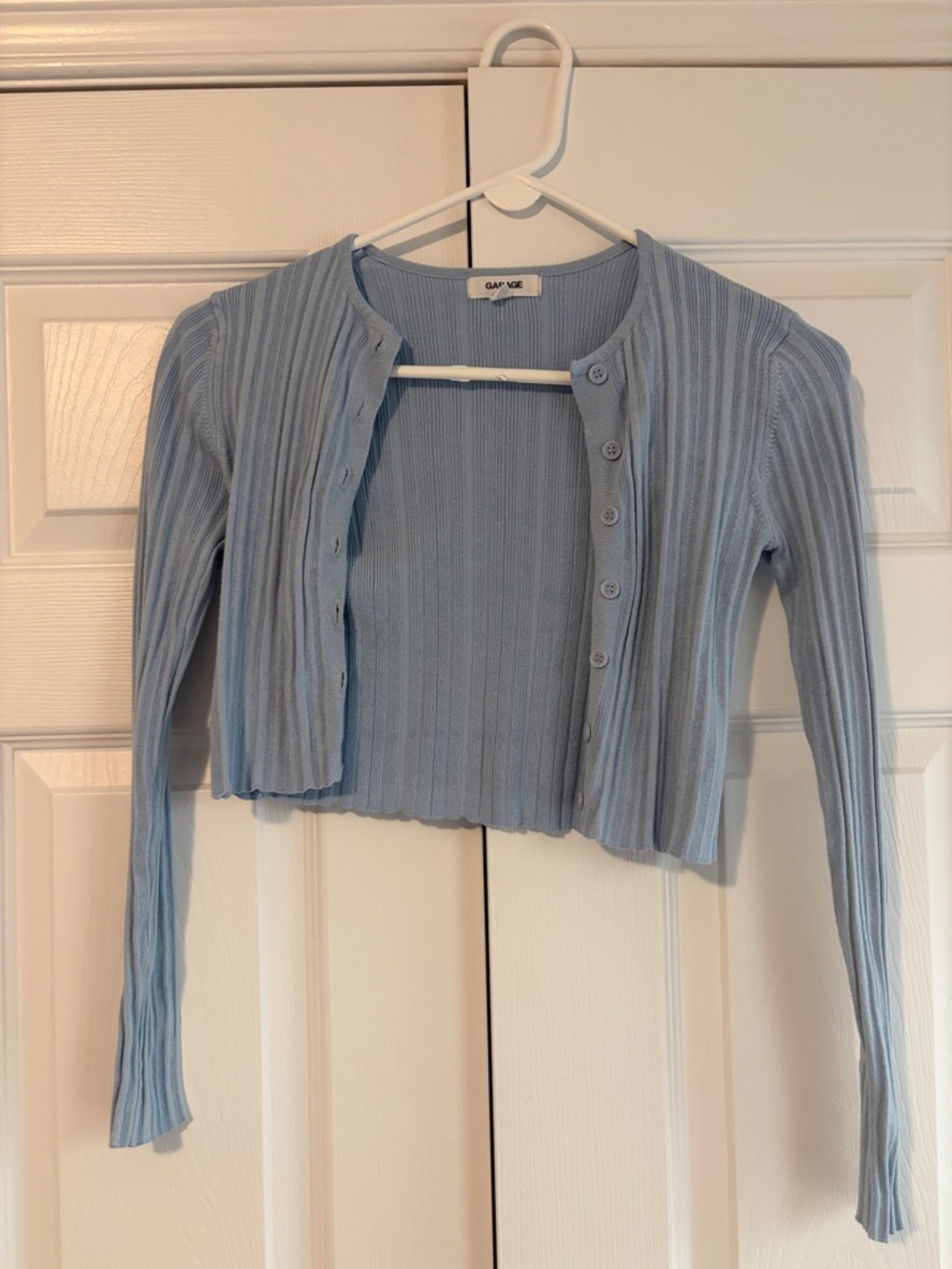 Garage Light Blue Ribbed Button-Down Crop Cardigan